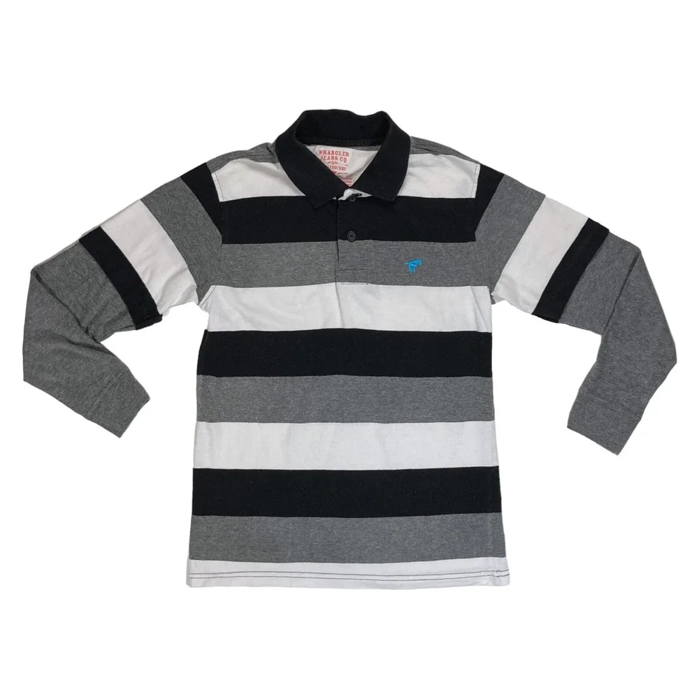 Wrangler Jeans‎ Boys Polo Shirt Size Large 10/12 Kids Black White Gray Striped